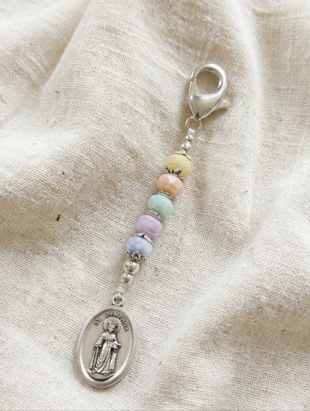 St. Dymphna Medal Charm Keyring - Quartz